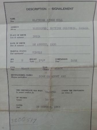 [Rajinder Singh Gill's immigration papers]