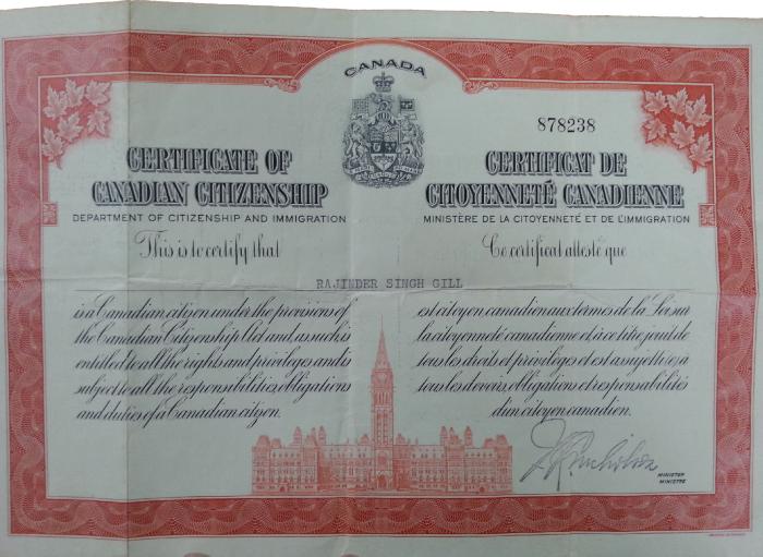 [Rajinder Singh Gill's certificate of Canadian citizenship]