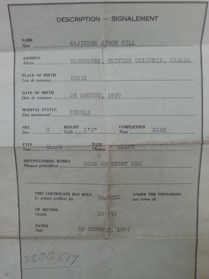 [Rajinder Singh Gill's immigration papers]