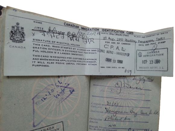[Rajinder Singh Gill's immigration identification card in passport]