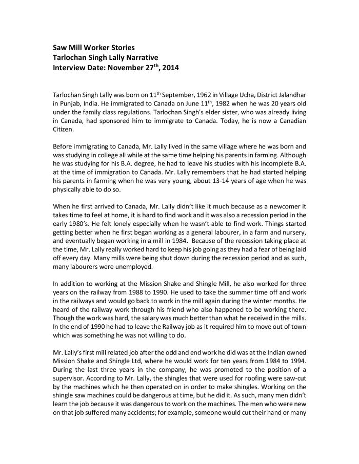 [Narrative of Tarlochan Singh Lally]