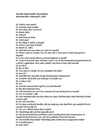 [Transcription of interview with Surinder Singh Sandhu]