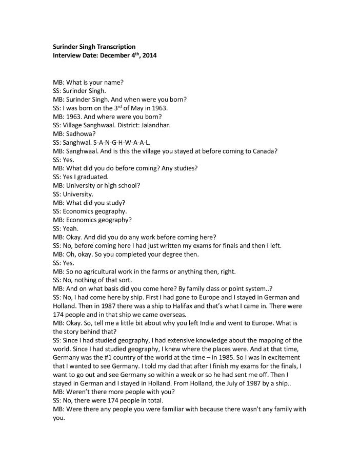 [Transcription of interview with Surinder Singh]