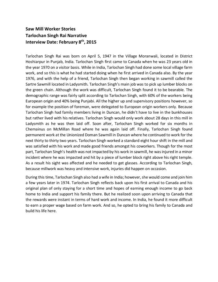 [Narrative of Tarlochan Singh Rai]