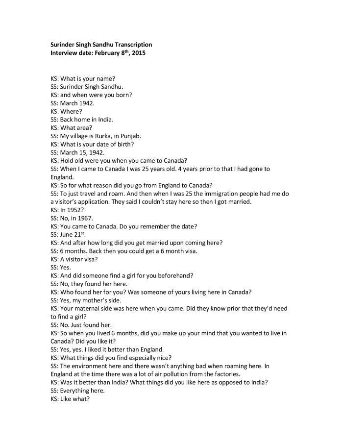 [Transcription of interview with Surinder Singh Sandhu]