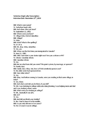 [Transcription of interview with Tarlochan Singh Lally]