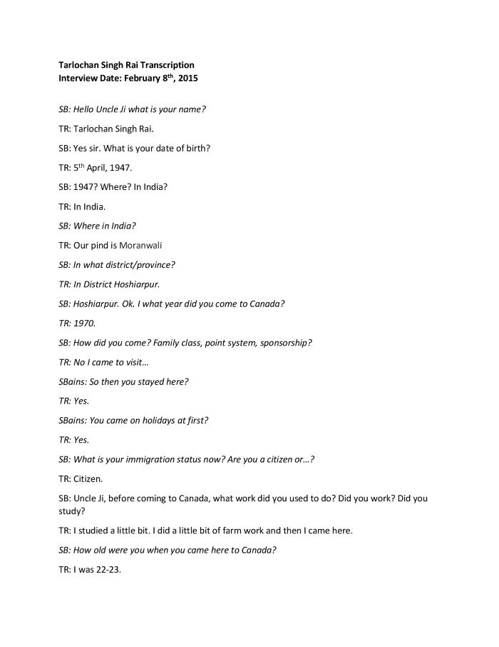 [Transcription of interview with Tarlochan Singh Rai]