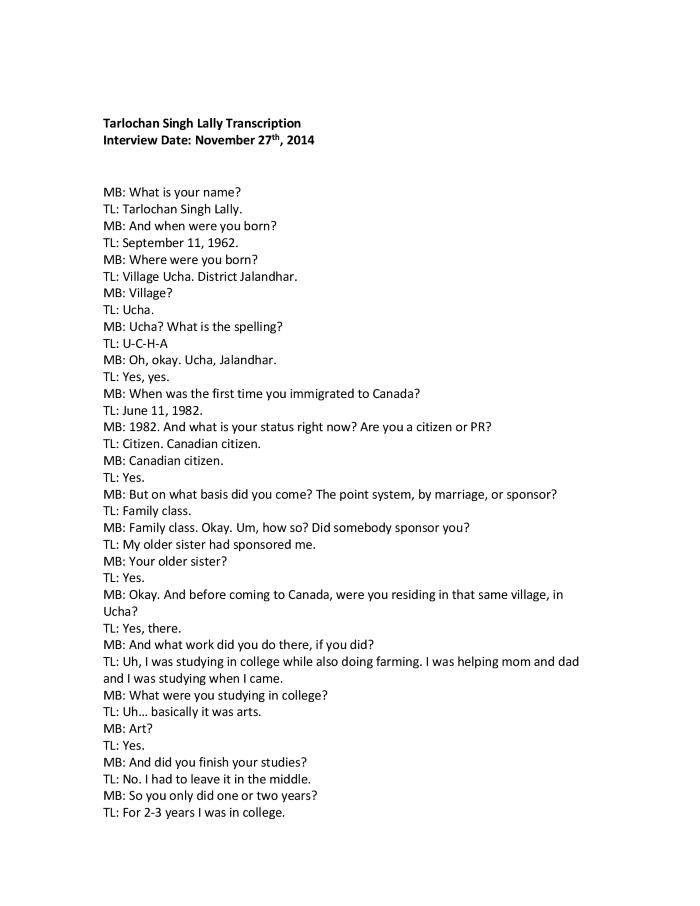 [Transcription of interview with Tarlochan Singh Lally]
