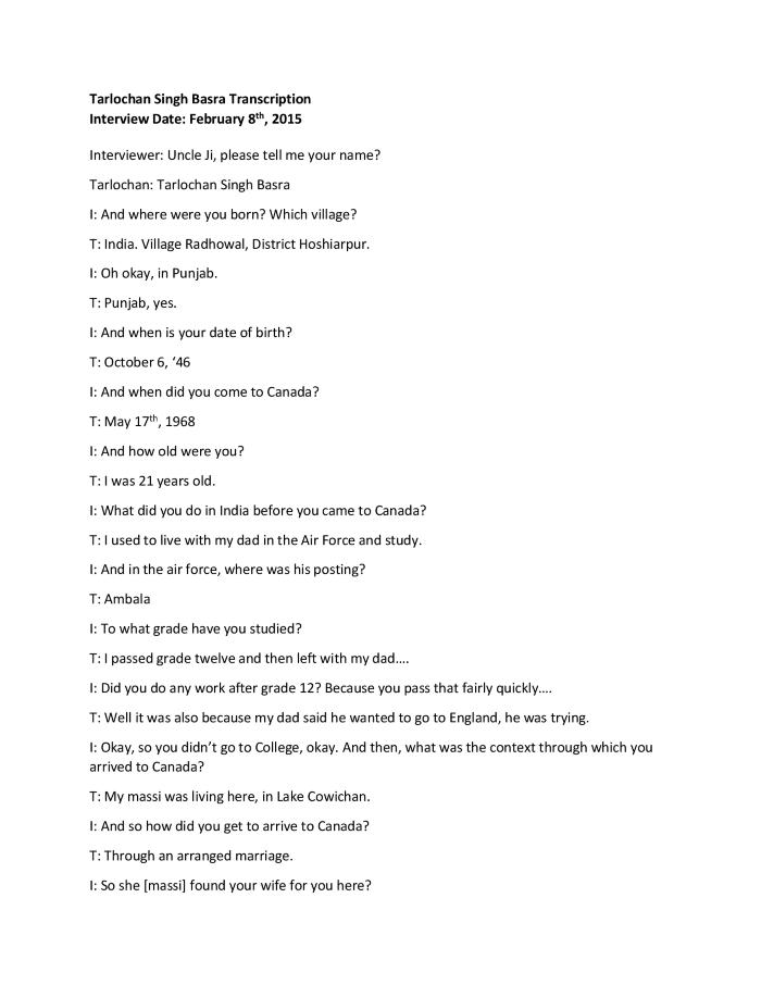 [Transcription of interview with Tarlochan Singh Basra]