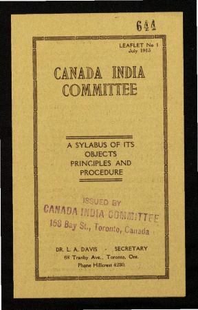 Canada India Committee : a sylabus of its objects, principles, and procedure