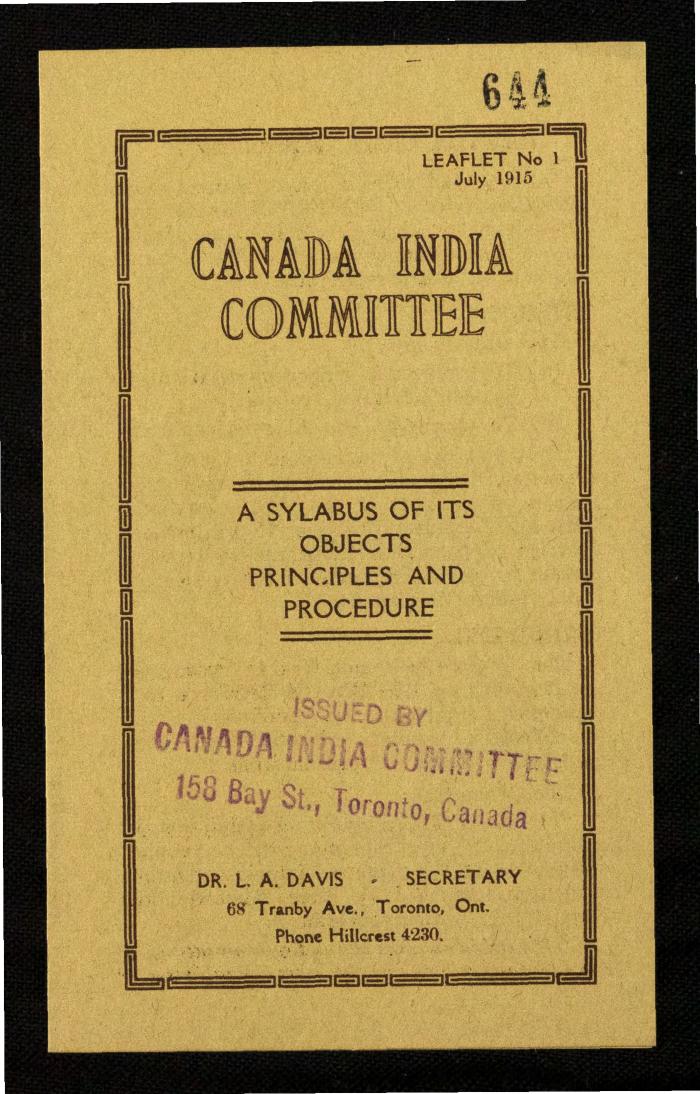Canada India Committee : a sylabus of its objects, principles, and procedure