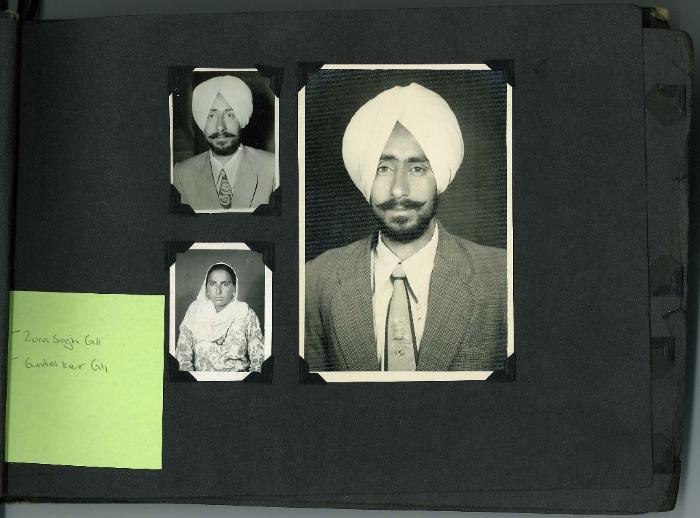 [Scrapbook page with photos of Rajinder Singh Gill's parents]