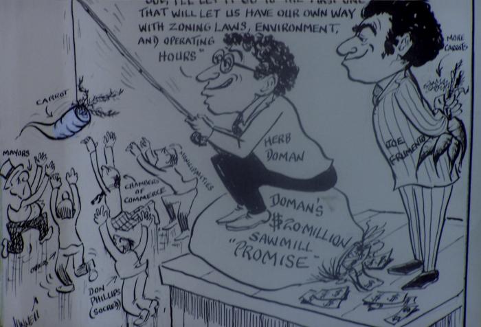 [Political cartoon of Herb Doman and Joe Frumento dangling carrots on a stick]