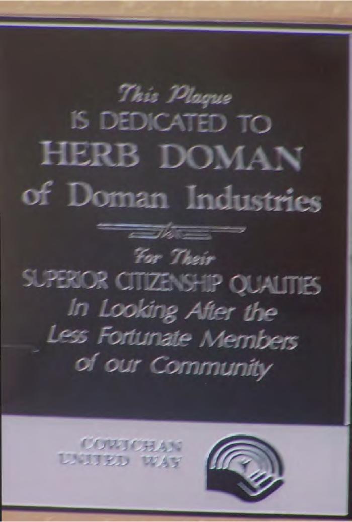 [Award presented by Cowichan United Way to Herb Doman to Herb Doman for his superior citizenship qualities]