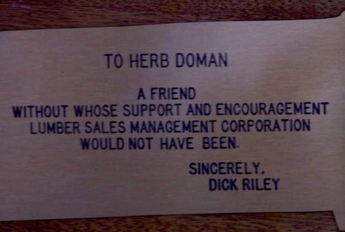 [Printed message to Herb Doman from Dick Riley]