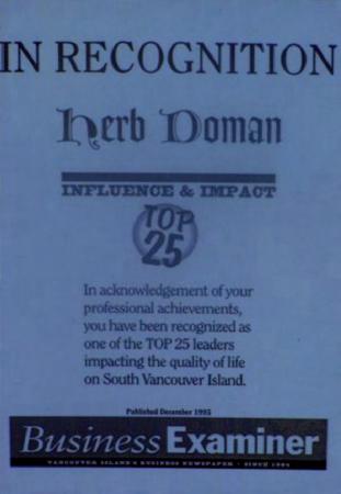 [Award presented by Business Examiner to Herb Doman in 1995]