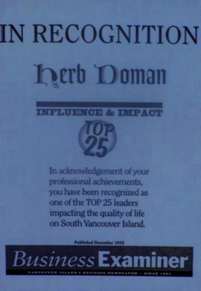 [Award presented by Business Examiner to Herb Doman in 1995]