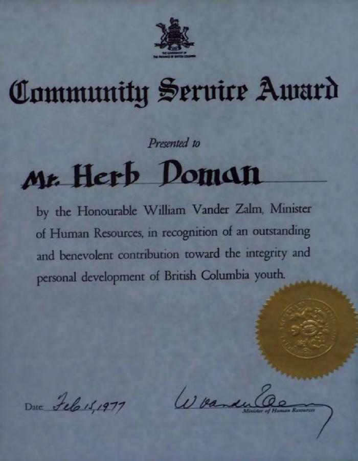 [Community Service Award presented by William Vander Zalm to Herb Doman in 1977]