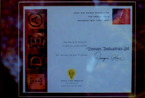 [Award presented by Face the World Foundation to Doman Industries Limited in 1997]