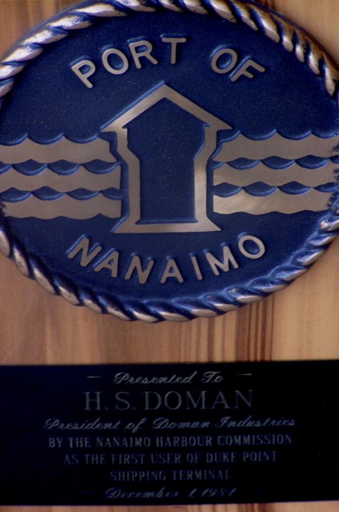 [Award presented by the Nanaimo Harbour Commission to Herb Doman at the ribbon-cutting ceremony of the Duke Point sawmill]