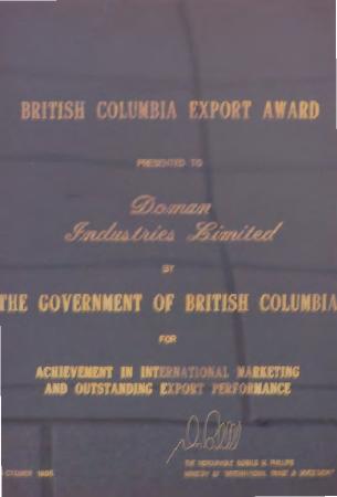 [Award presented by the Government of British Columbia to Doman Industries Limited for achievement in international marketing and outstanding export performance]