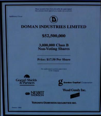 [Page of Doman Industries Ltd. prospectus disclosing value of class B non-voting shares at seventeen dollars and fifty cents per share]