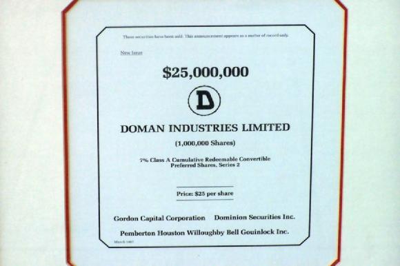 [Page of Doman Industries Ltd. prospectus disclosing value of class A cumulative redeemable convertible preferred shares at twenty-five dollars per share]