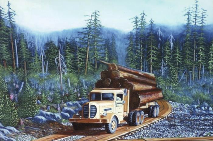 [Painting by an unidentified artist  of a yellow transport truck hauling felled trees]