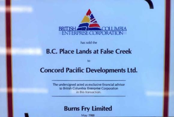 [Page of a prospectus disclosing the sale of B.C. Place lands at False Creek to Concord Pacific Developments Ltd.]