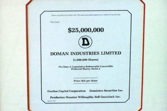 [Page of Doman Industries Ltd. prospectus disclosing value of class A cumulative redeemable convertible preferred shares at twenty-five dollars per share]