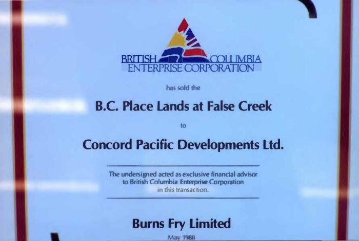 [Page of a prospectus disclosing the sale of B.C. Place lands at False Creek to Concord Pacific Developments Ltd.]