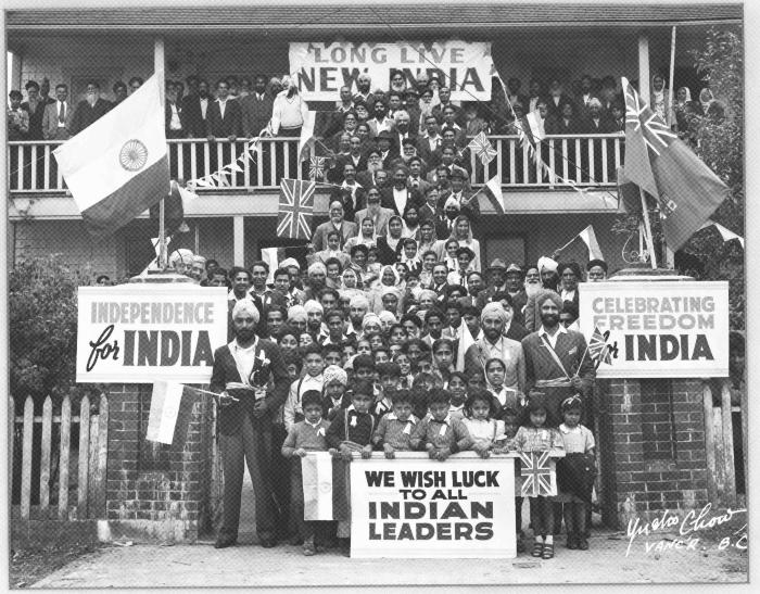 [Group in front of New Westminster Temple celebrating Indian independence]