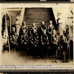 [Men in military dress in front of 2nd Avenue Temple, Vancouver]