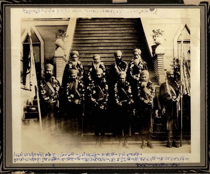 [Men in military dress in front of 2nd Avenue Temple, Vancouver]
