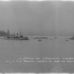 Scene in Vancouver Harbour - July 21 1914 'H.M.S. Rainbow, called to aid in deporting Hindus on board S.S. Komagata Maru'