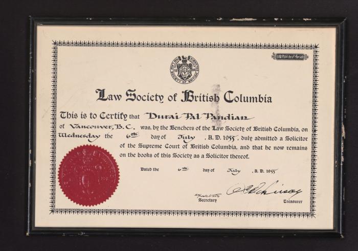 Law Society of British Columbia certificate proclaiming Durai Pal Pandian a Solicitor of the Supreme Court of British Columbia