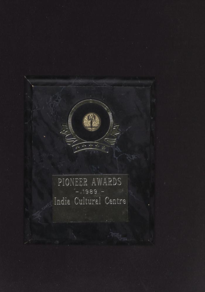 Pioneer Awards, India Cultural Centre [plaque]