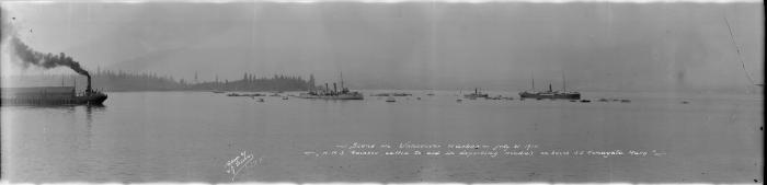 Scene in Vancouver Harbour - July 21 1914 'H.M.S. Rainbow, called to aid in deporting Hindus on board S.S. Komagata Maru'