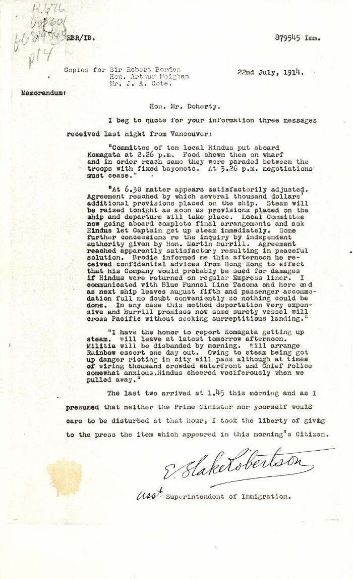 [E. Blake Robertson, Assistant Superintendent of Immigration, to Charles J. Doherty, Minister of Justice, re negotiations with Komagata Maru passengers]
