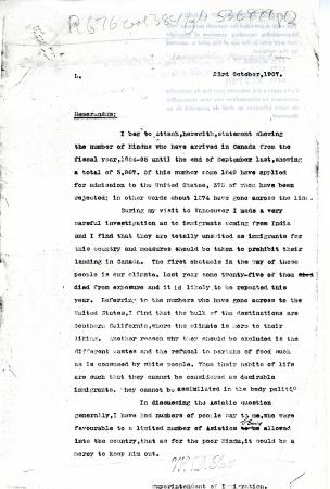 [William D. Scott, Superintendent of Immigration, Memorandum re numbers of Hindus immigrating, unsuited for Canadian climate. Original]