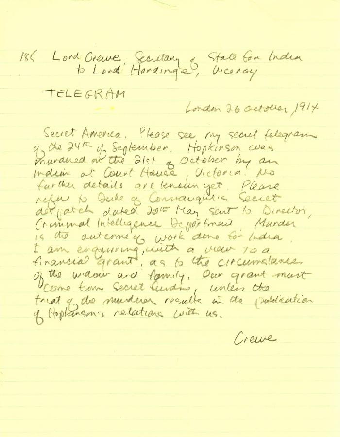 [Lord Crewe, Secretary of State for India, to Lord Hardinge, Viceroy of India, London, re murder of W. C. Hopkinson. Telegram]
