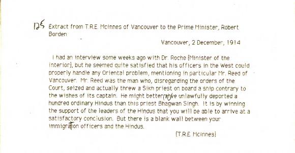[Extract from Thomas R. E. McInnes, Vancouver, to Robert Borden, Prime Minister, re need for Immigration Department to work with Hindu leaders]