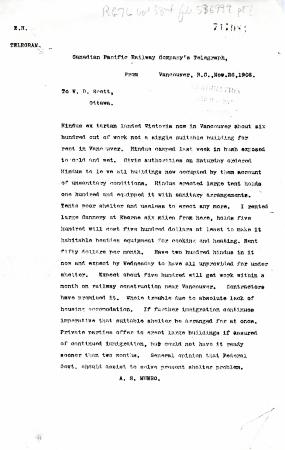 [A. S. Munro, Immigration Agent, to William D. Scott, Superintendent of Immigration re Hindu immigrants in Vancouver, need shelter. Telegram. Copy]