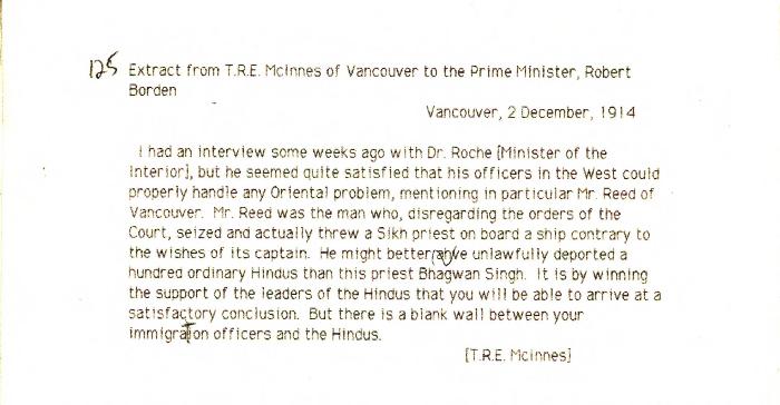 [Extract from Thomas R. E. McInnes, Vancouver, to Robert Borden, Prime Minister, re need for Immigration Department to work with Hindu leaders]