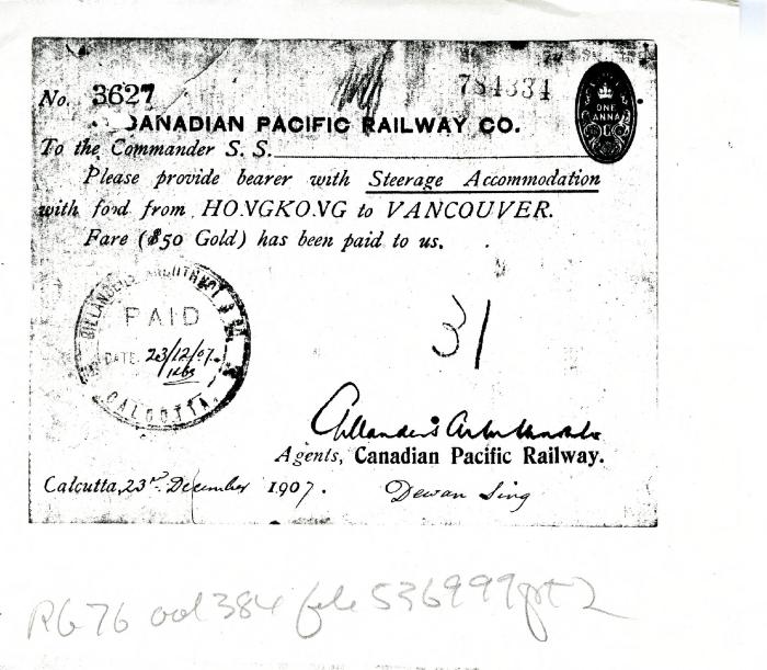 [CPR ticket: Hong Kong to Vancouver, issued to Dewan Sing at Calcutta]