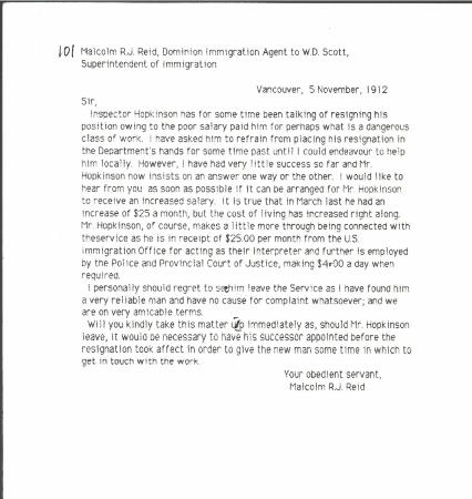 [Malcolm R. J. Reid, Dominion Immigration Agent, to William D. Scott, Superintendent of Immigration, re salary increase for Inspector Hopkinson. Original]