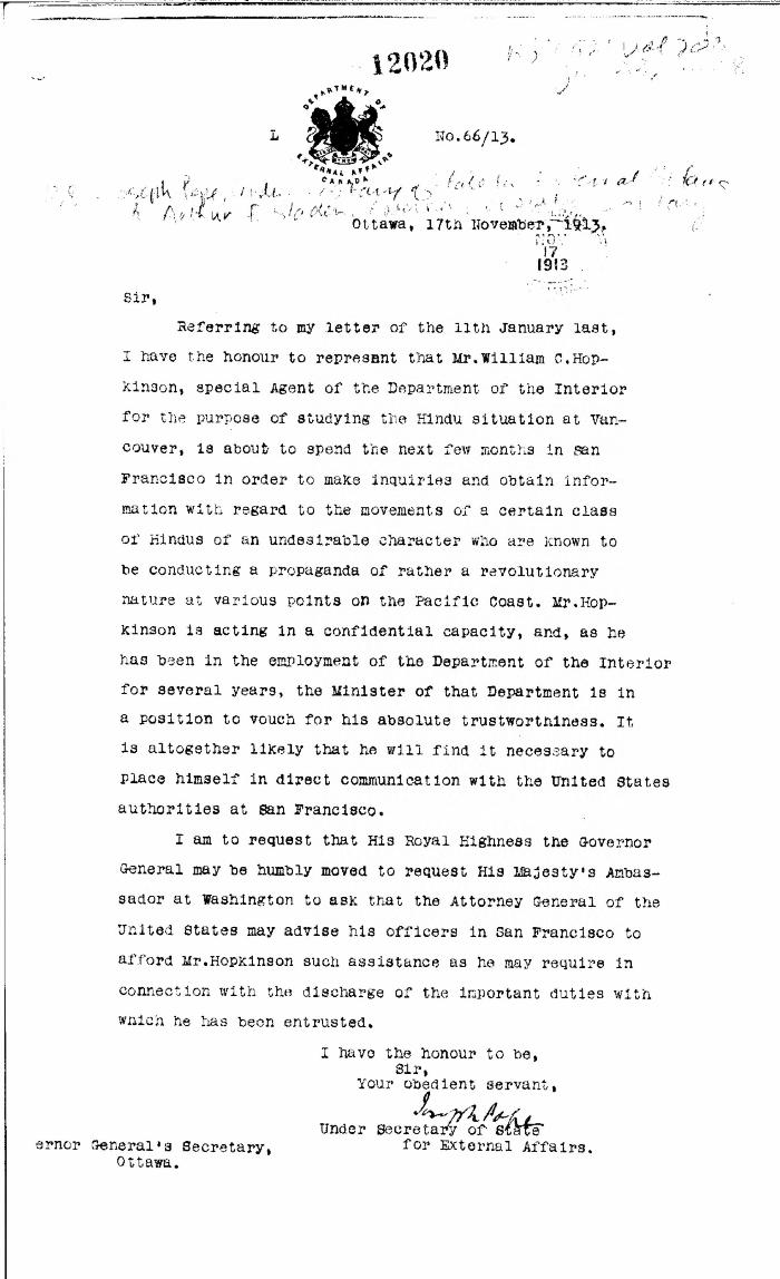 [Extract from Joseph Pope, Under-Secretary of State for External Affairs, to Arthur F. Sladen, Private Secretary to the Governor General, re Hopkinson's work in California]