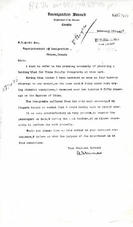 [A. S. Munro, Immigration Agent, to William D. Scott, Superintendent of Immigration re landing shed needed for Trans Pacific Immigrants]