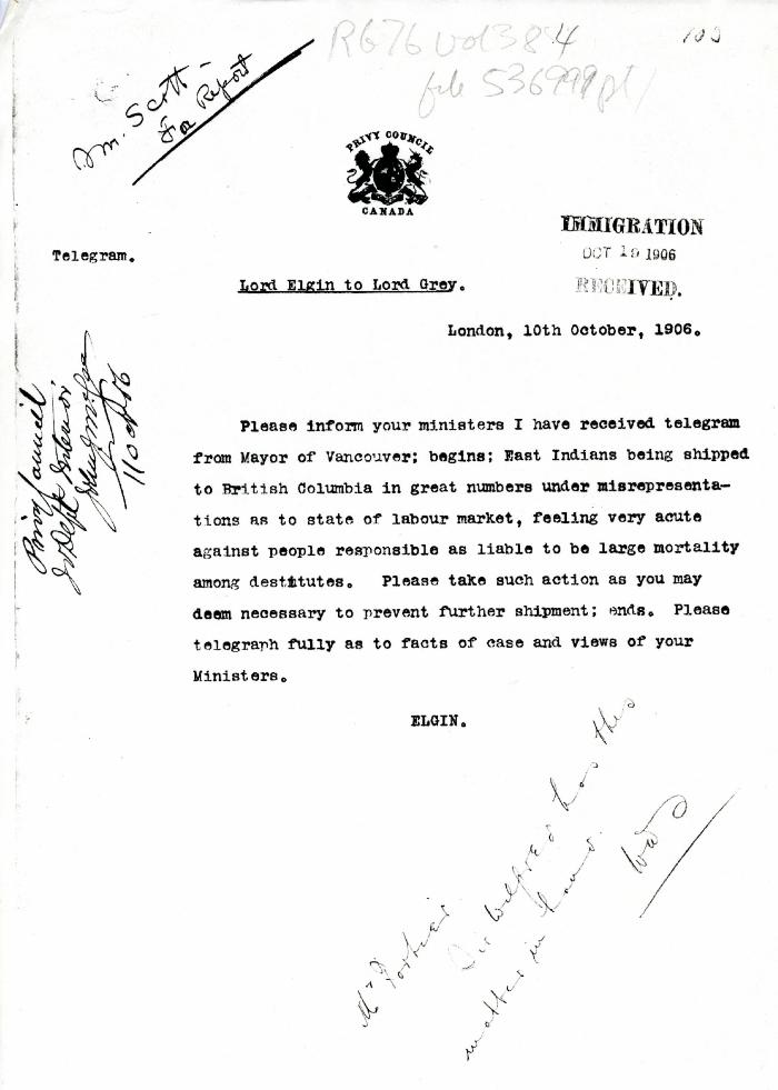 [Lord Elgin, Secretary of State for the Colonies, to Lord Grey, Governor General of Canada re East Indians being shipped to British Columbia in great numbers under misrepresentations as to state of labour market]