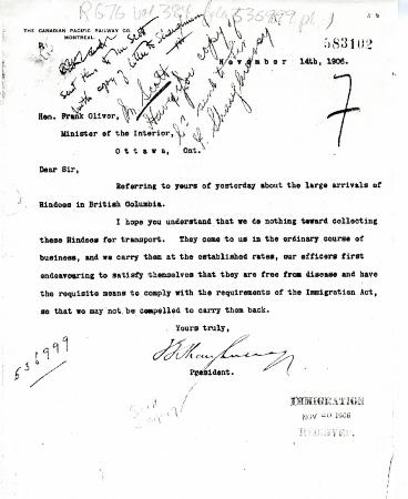 [Thomas G. Shaughnessy, President, CPR, to Frank Oliver, Minister of the Interior re CPR not encouraging Hindus to come to British Columbia]